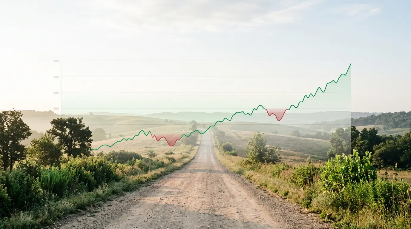 A long country road toward the horizon with an honest equity curve overlaid — rising overall but with real drawdown dips along the way