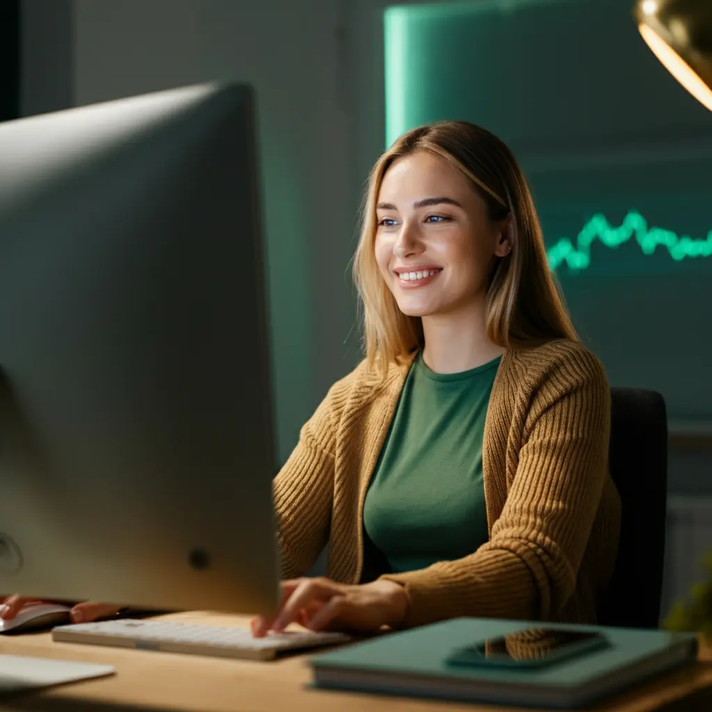 Cheerful young woman in her early 20s confidently trading at a computer in a bright and cozy home office, symbolizing financial success and prosperity.