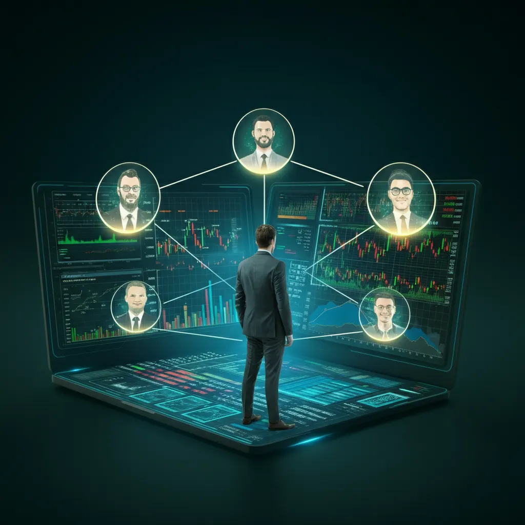 How to start copy trading image featuring a confident individual, digital trading board, and holographic expert traders sharing strategies.