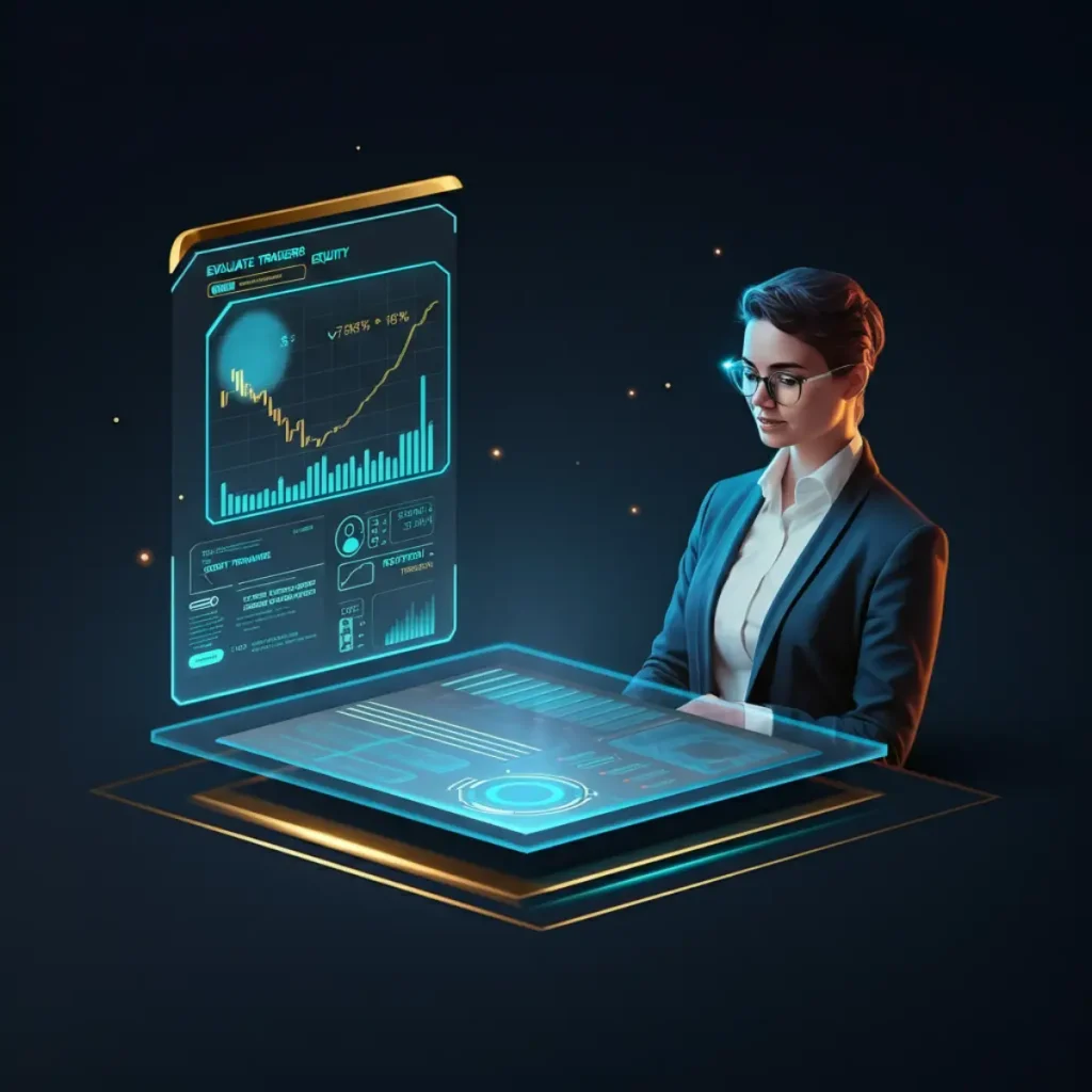 Futuristic holographic interface with trader performance metrics, equity curves, and risk indicators, featuring a confident trader analyzing data for copy trading evaluation.
