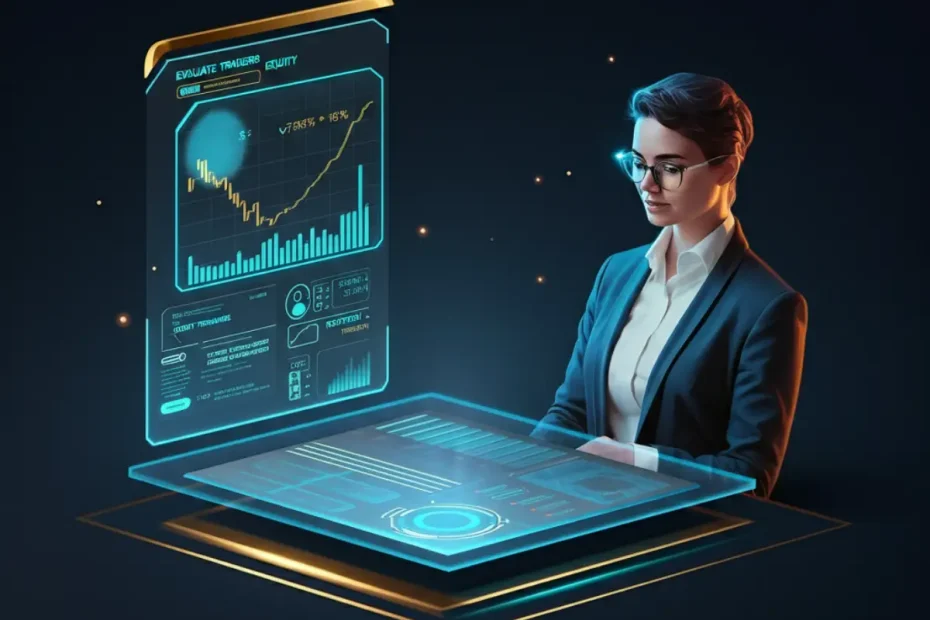 Futuristic holographic interface with trader performance metrics, equity curves, and risk indicators, featuring a confident trader analyzing data for copy trading evaluation.