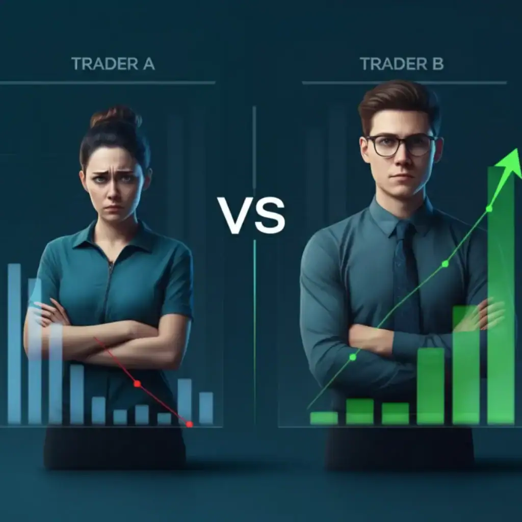 Infographic comparing Trader A and Trader B with realistic trader illustrations, showcasing how to choose traders to copy based on win rates, average wins, and losses. Trader A appears stressed with a 90% win rate but high risk, while Trader B looks confident with a 55% win rate and steady rewards.