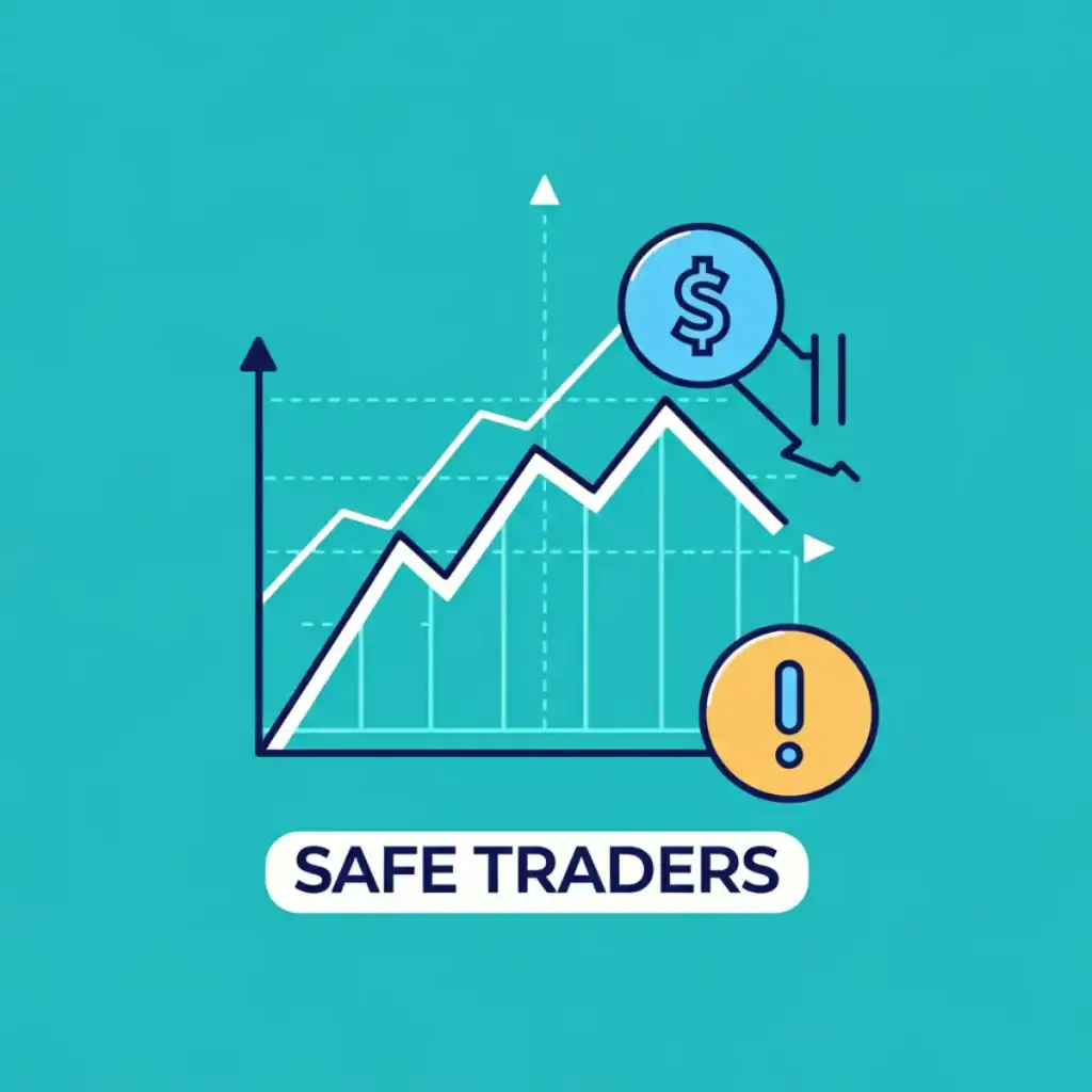 Minimalist infographic titled 'SAFE TRADERS' featuring an upward equity curve with shallow dips, representing steady growth, and a warning icon near a sharp plunge to highlight risky behavior.