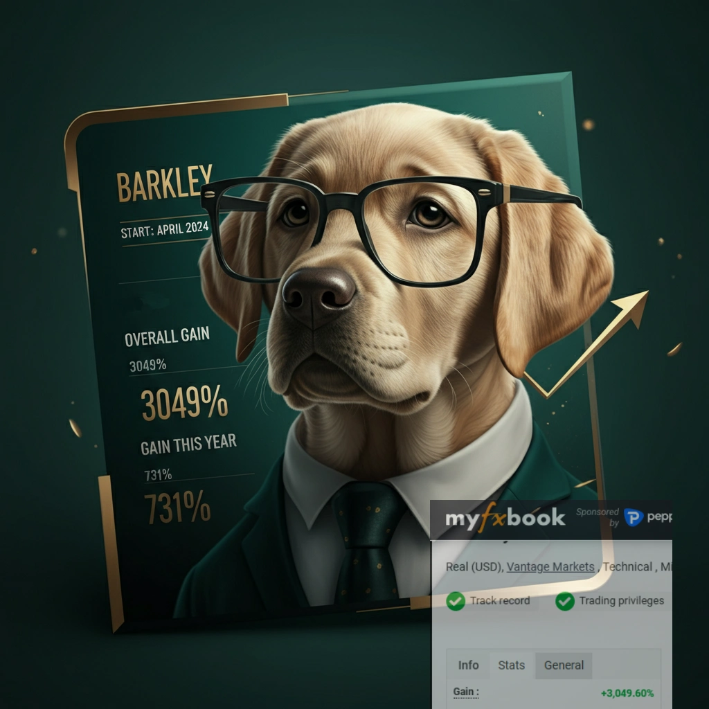 showcasing Barkley, as a trader profile. The design highlights key financial metrics: Start April 2024, Overall Gain 3049%, and Gain This Year 731%