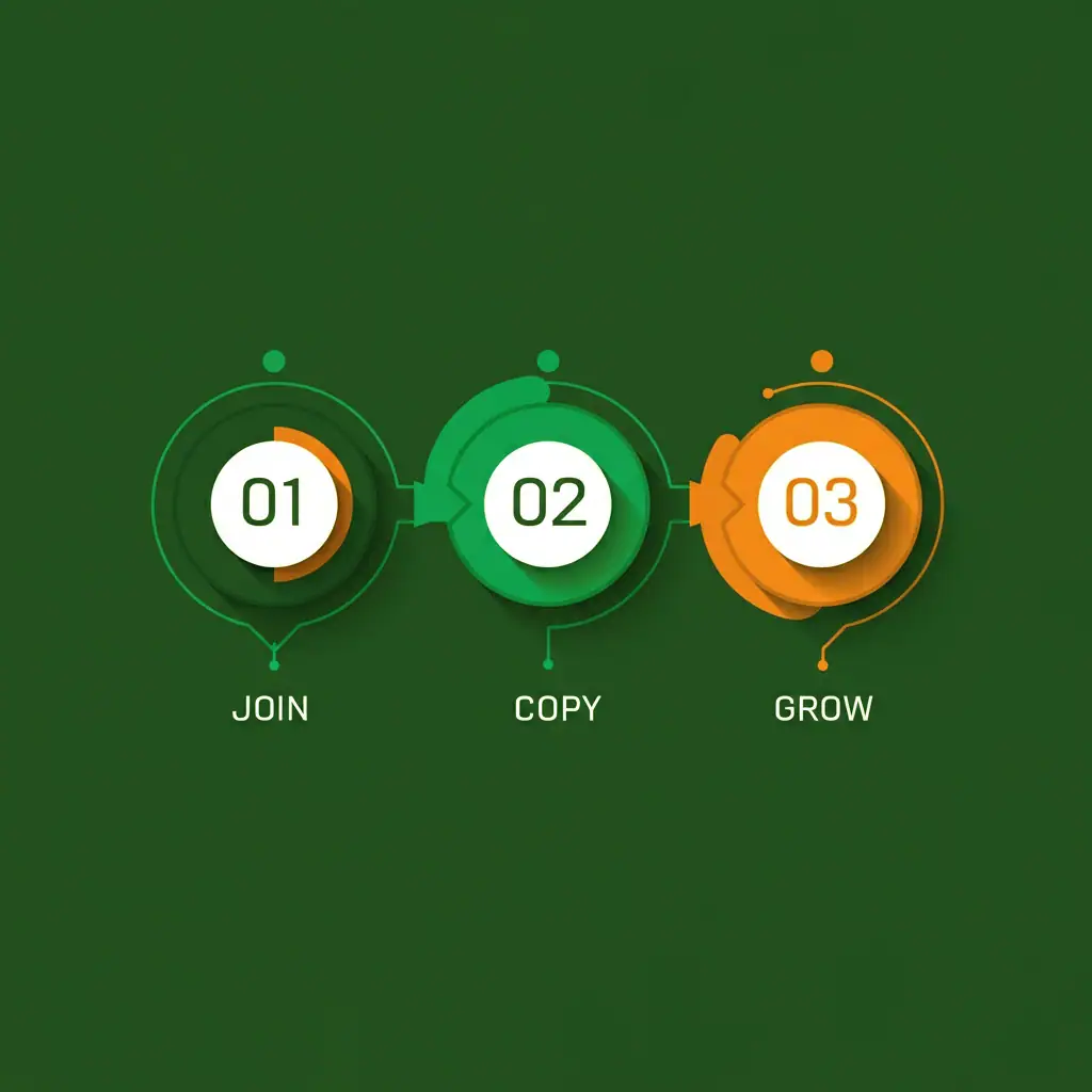 Simple 3 steps infographic for copytraders.club with JOIN, COPY, and GROW in dark green and orange tones.