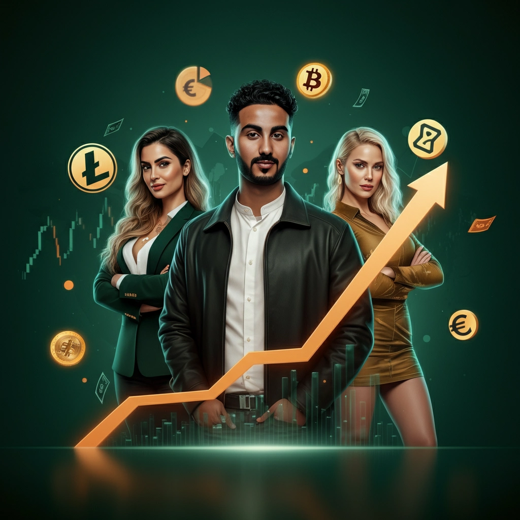 traders celebrating financial success with upward-trending graph and cryptocurrency symbols for copytraders.club