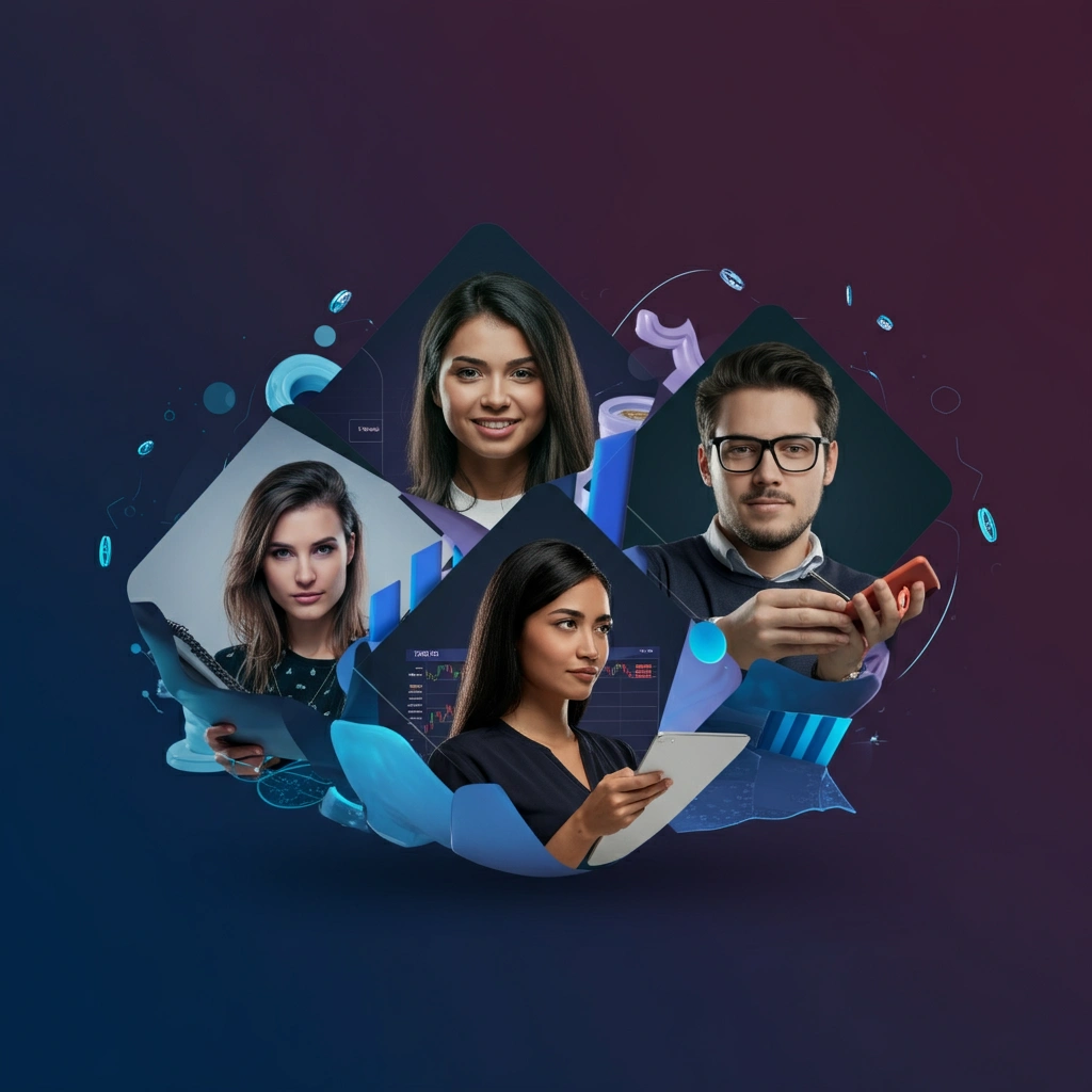 diverse community of traders with a dark purple background and light blue trading elements, highlighting copytrading, trading results, and passive income opportunities for CopyTraders Club